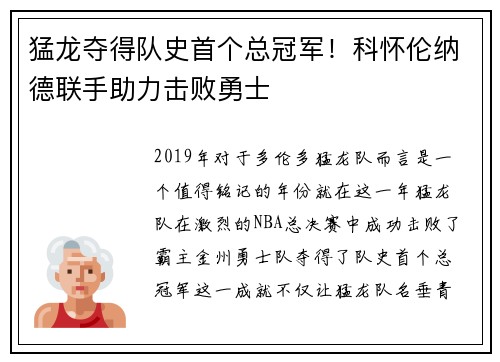 猛龙夺得队史首个总冠军！科怀伦纳德联手助力击败勇士