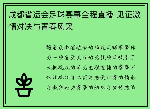 成都省运会足球赛事全程直播 见证激情对决与青春风采